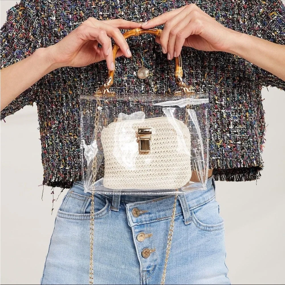 Clear stadium handbag featuring straw pouch, bamboo-look handle and chain strap. - Picture 2 of 9